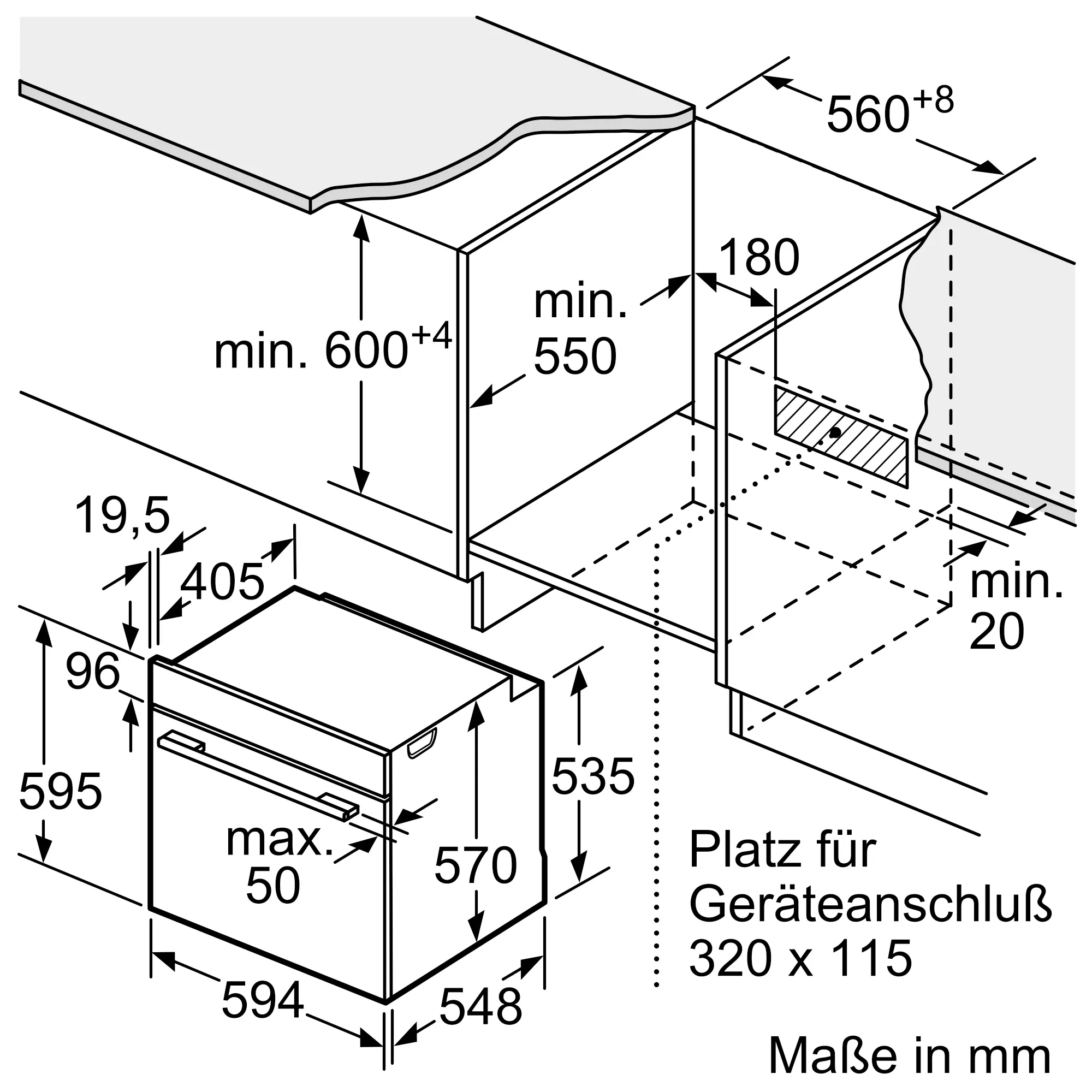 Küchenschrank, Schubladeneinheit, Küchenunterschrank, Arbeitsplattenbereich, Maße in mm