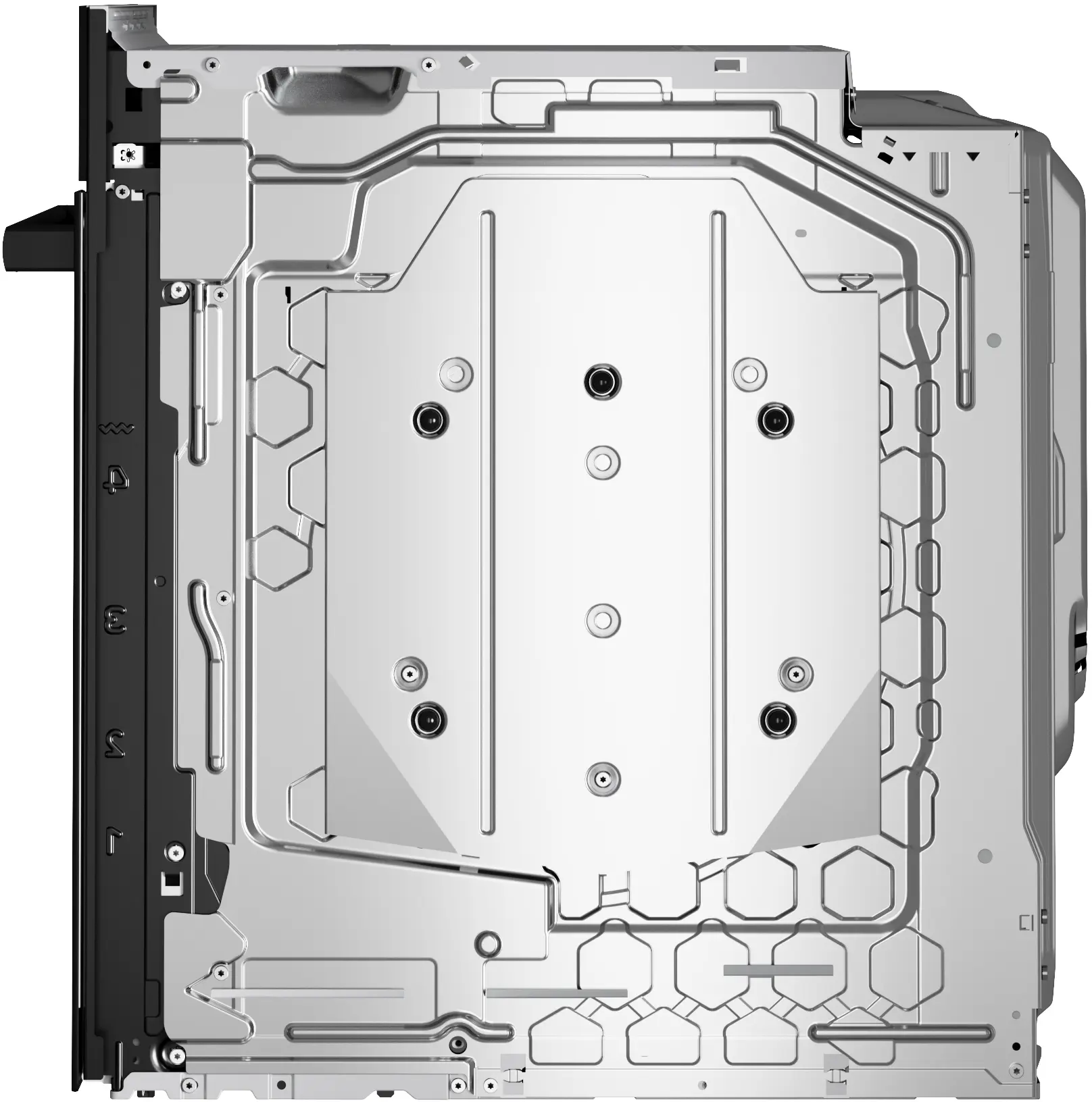 Serverrack, Metallrahmen, Rückansicht, Belüftungsmuster, Schraubbefestigung