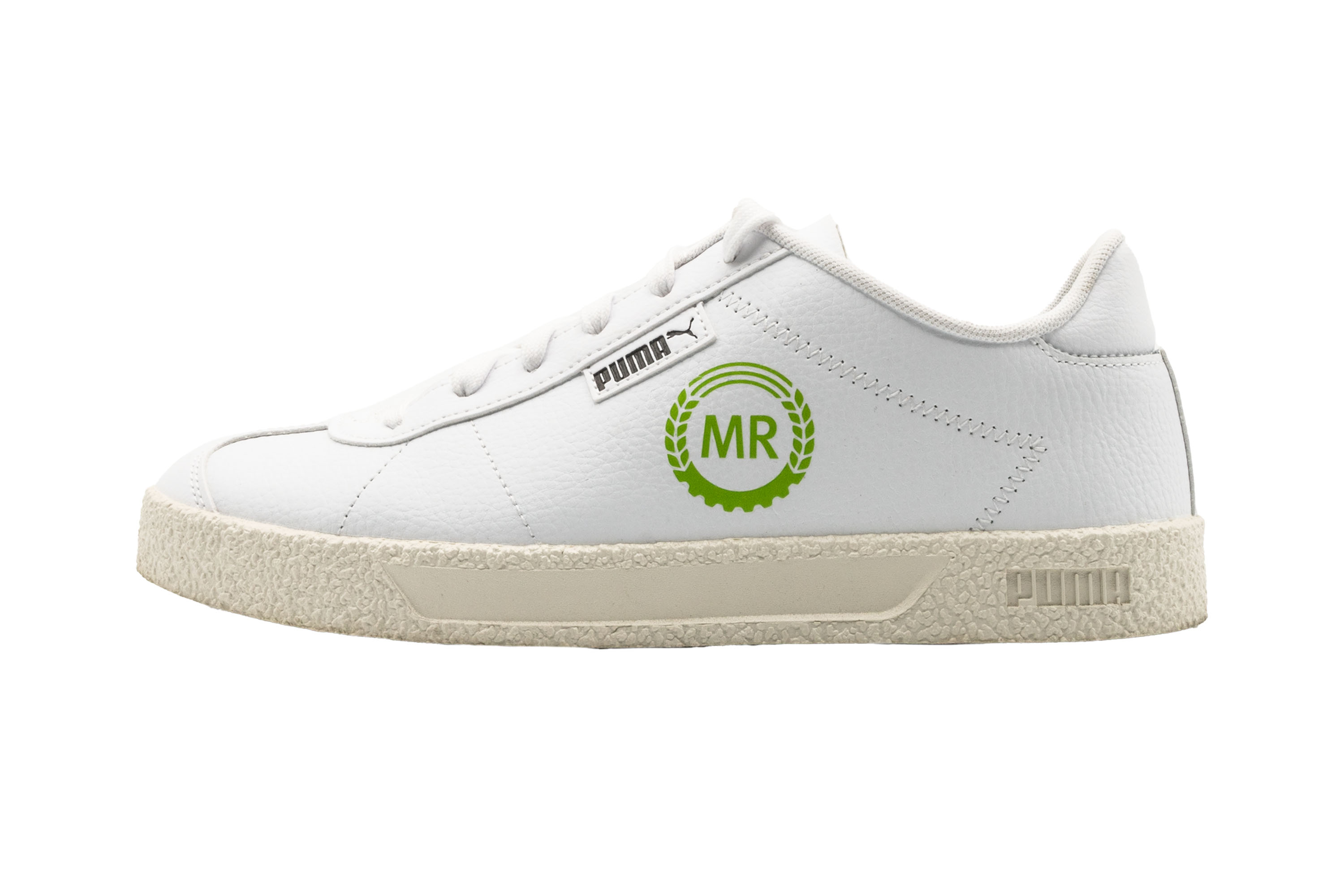 weißes sneaker, Flacher Schnürer, Puma, grünes MR-Logo, Korkähnlicher Mittelsohlenrand