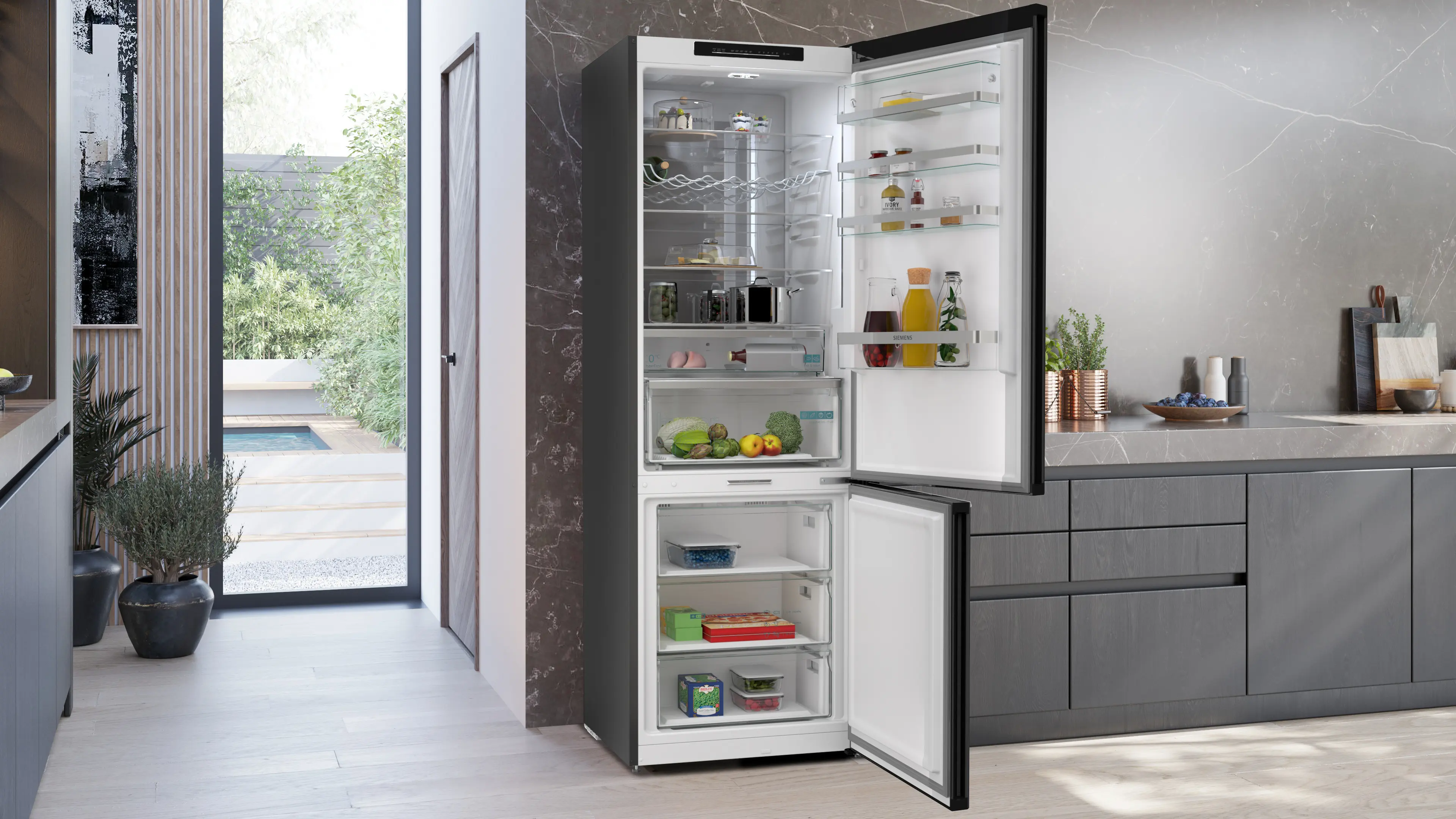 kühlschrank, smart-kühlschrank, freistehend, innere ablage, glasregale
